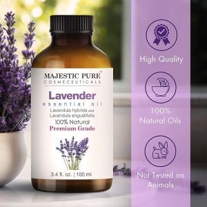Majestic Pure Lavender Essential Oil with Glass Dropper | 100% Pure and Natural Lavender Oil | Premium Grade Essential Oils for Diffusers, Skin, Aromatherapy, Massage | 4 Fl Oz